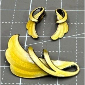 Finn Jensen Norway Yellow Guilloche Sterling Wavy Leaf Brooch and Earring